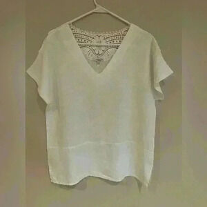 Vanessa Zani White Linen Lacy V-Neck Top Size S Made in Italy